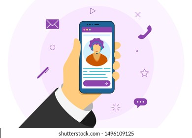 Customer and operator online technical support 24-7. White female person hotline call center consultant advises client. Online assistant virtual help service on smartphone. Vector illustration