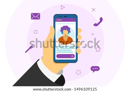 Customer and operator online technical support 24-7. White female person hotline call center consultant advises client. Online assistant virtual help service on smartphone. Vector illustration