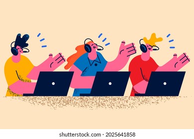 Customer operator and working with clients concept. Smiling group of young people sitting at laptops waving hands in headphones communicating with clients customers online vector illustration 