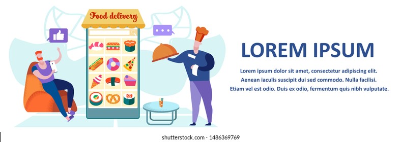 Customer Order Food Delivery Using Mobile App Service Man with Smartphone Sitting at Huge Mobile with Different Products on Screen, Chef Bringing Order on Tray, Cartoon Flat Vector Illustration Banner
