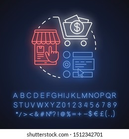 Customer order neon light concept icon. Online shopping application idea. Choose product in store. Digital marketing. Glowing sign with alphabet, numbers and symbols. Vector isolated illustration