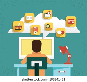 Customer order products by application. E-shopping and payment - vector illustration