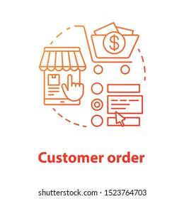 Customer order red concept icon. Online shopping application idea thin line illustration. Choosing goods in internet store. Digital marketing, merchandise. Vector isolated outline drawing