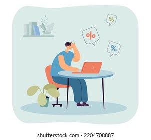 Customer ordering goods from home using discounts. Man buying products or clothes via laptop flat vector illustration. Online shopping, sale concept for banner, website design or landing web page