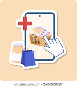 Customer ordering medicine online using smartphone app with shopping basket full of drugs