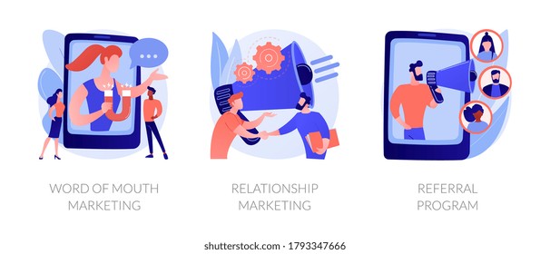 Customer Oriented Marketing Strategy Abstract Concept Vector Illustration Set. Word Of Mouth, Relationship Marketing, Referral Program, Recommendation, Brand Loyalty, Social Media Abstract Metaphor.