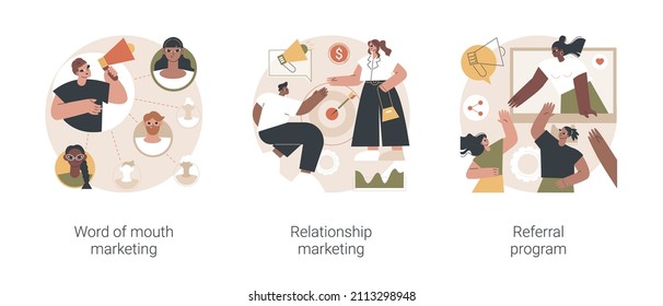 Customer oriented marketing strategy abstract concept vector illustration set. Word of mouth, relationship marketing, referral program, recommendation, brand loyalty, social media abstract metaphor.