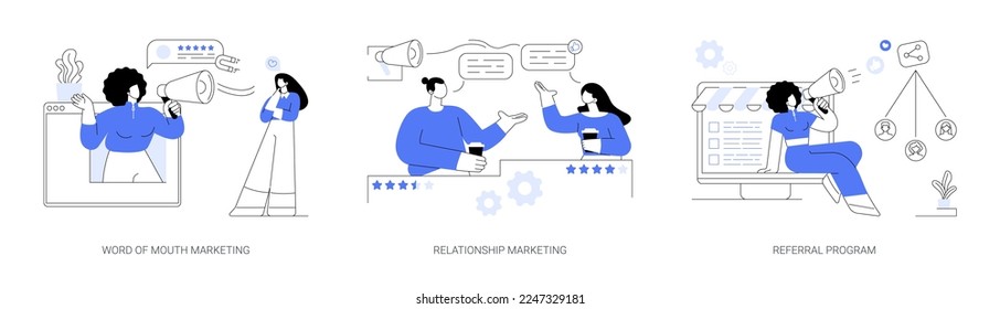 Customer oriented marketing strategy abstract concept vector illustration set. Word of mouth, relationship marketing, referral program, recommendation, brand loyalty, social media abstract metaphor.