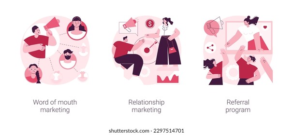 Customer oriented marketing strategy abstract concept vector illustration set. Word of mouth, relationship marketing, referral program, recommendation, brand loyalty, social media abstract metaphor.