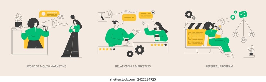 Customer oriented marketing strategy abstract concept vector illustration set. Word of mouth, relationship marketing, referral program, recommendation, brand loyalty, social media abstract metaphor.