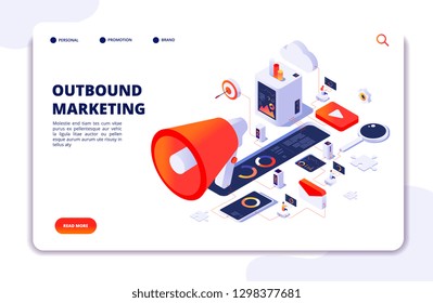 Customer outbound marketing. Online permission marketing, social media crm and business interruption vector landing page