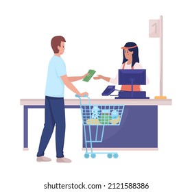 Customer pay to cashier semi flat color vector characters. Interacting figures. Full body people on white. Daily tasks isolated modern cartoon style illustration for graphic design and animation