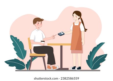 Customer pay with credit card and POS terminal in coffee shop. Cashless contactless payment NFC banking system. Wireless transaction. vector illustration.