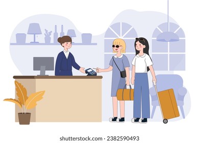 Customer pay with credit card and POS terminal in hotel. check out with a credit card. Cashless contactless payment NFC banking system. Wireless transaction. vector illustration.