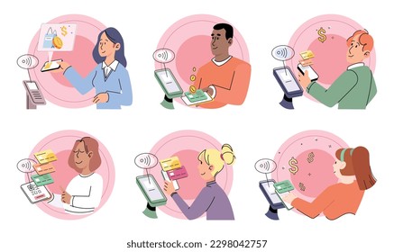 Customer pay with mobile phone app and POS-terminal in shop. Cashless contactless payment with smartphone NFC bank system. Wireless transaction using e-banking technology electronic money vector set