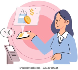 Customer pay with mobile phone app and POS-terminal in shop. Cashless contactless payment with smartphone NFC bank system. Wireless transaction. Girl paying using e-banking technology electronic money