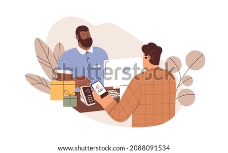Customer pay with mobile phone app and POS-terminal in shop. Cashless contactless payment with smartphone NFC bank system. Wireless transaction. Flat vector illustration isolated on white background