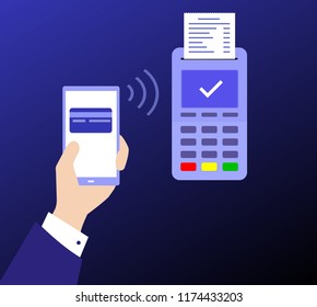 Customer paying a merchant with mobile phone with NFC. New POS terminal and hight technology smartphone with nfc Near-field communication payment completed, approved checkmark.