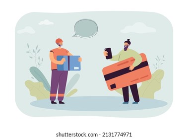 Customer paying for package with giant credit card. Deliveryman holding purchase flat vector illustration. Delivery service, online shopping, payment concept for banner, website design or landing page