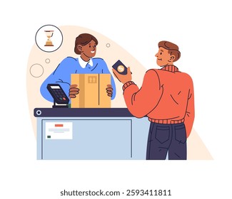 Customer paying for parcel using smartphone and terminal. Vector delivery office with POS or contactless transaction device. Package order and billing. Fintech and delivery service. Retail and NFC.