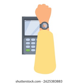 Customer is paying for a purchase using a contactless payment system on their smartwatch at a point of sale terminal