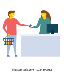 Customer paying for shopping at cash counter, flat vector icon 