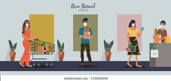 Customer people maintain social distancing in supermarket. Department store in new normal lifestyle. New normal lifestyle concept.