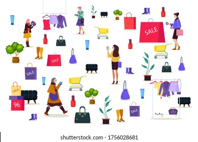 Clientes con smartphone en la tienda, ilustración vectorial. Tiendas con personajes femeninos, elementos de negocios. Paquetes, carro, venta de ropa en perchas, bolsas y cosméticos alrededor del comprador.