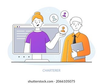 Customer persona concept. Girl tells man about product. Online store consultant, online communication, answers to questions. Informing your buyers, shop, store. Cartoon flat vector illustration