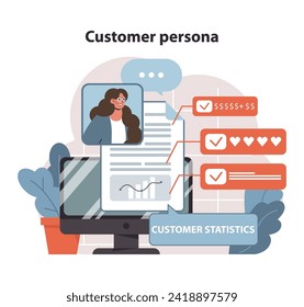 Customer persona concept. A visual toolkit for creating detailed customer profiles using statistical data. Enhances targeted marketing strategies. Flat vector illustration.