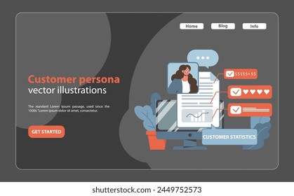 Concepto de persona Cliente. Un kit de herramientas visual para crear perfiles detallados de Clientes utilizando datos estadísticos. Mejora las estrategias de marketing específicas. Ilustración vectorial plana.