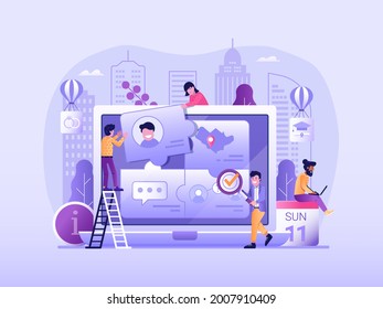 Customer persona profile building concept with marketing team collect clients info and user behavior data. Target auditory analysis web illustration for online business and advertising.