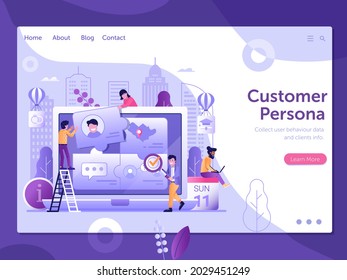 Customer persona research web banner with marketing team collect clients info and user behavior data. Target auditory analysis landing page template for online business and advertising.