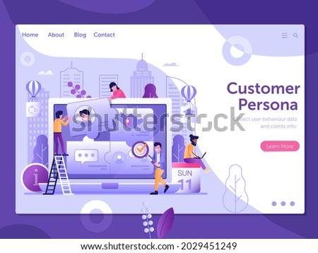 Customer persona research web banner with marketing team collect clients info and user behavior data. Target auditory analysis landing page template for online business and advertising.