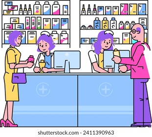 Cliente en el mostrador de farmacia hablando con farmacéutico. Escena de medicina y servicios de salud en farmacia. Consulta profesional e ilustración vectorial de prescripción.