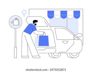 Customer pick up goods isolated cartoon vector illustrations. Man puts purchases from grocery store in the car, specialty food, smart shopping, curbside pickup service vector cartoon.