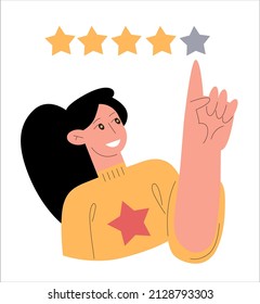 El placer y la satisfacción del cliente por el producto o servicio que da una revisión de cinco estrellas. Niña joven que califica la puntuación más alta de retroalimentación y sonrisa. Ilustración simple plana aislada en fondo blanco