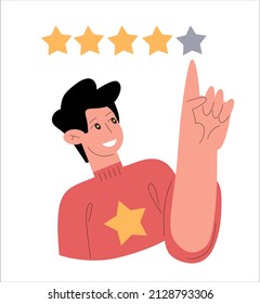 El placer y la satisfacción del cliente por el producto o servicio que da una revisión de cinco estrellas. Niño joven que califica la puntuación más alta de retroalimentación y sonriente. Ilustración simple plana aislada en fondo blanco