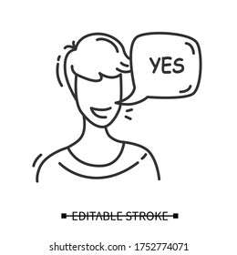 Customer positive feedback icon. Client head with positive answer speech bubble pictogram. Marketing and customer feedback management, positive experience illustration. Editable stroke line vector