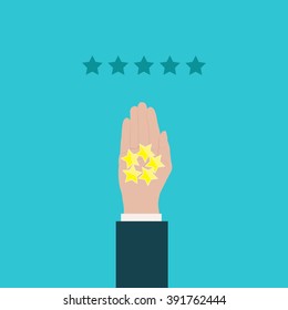Customer positive review design template. Rating evaluation vector symbol. Male hand showing five stars. Likes, approval, feedback sign. Feedback concept.