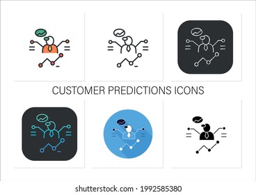 Customer Predictions Icons Set.Forecasting Process A Winning Business, Purchase.Profitable Investment. Customer Data.Collection Of Icons In Linear, Filled, Color Styles.Isolated Vector Illustrations