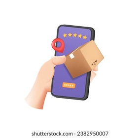 Customer presses online order button and Five stars rating review with smartphone, parcel box, and pin. 3d vector illustration