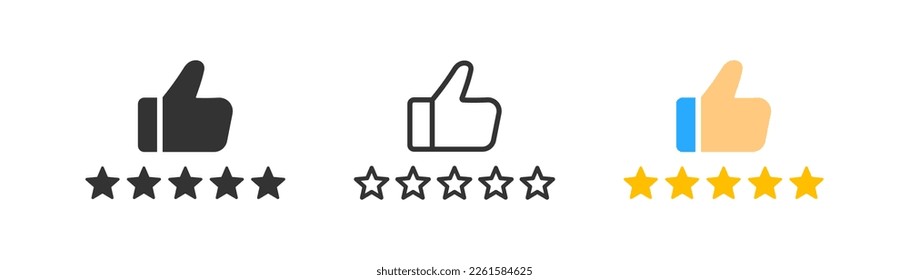 Customer product rating with five stars icon. Like, thumb up. Success, favorite, feedback, experience, quality, customer satisfaction. Outline, flat and color style. Flat design. 