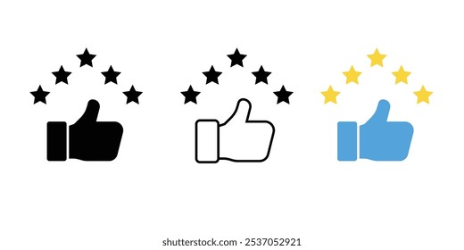 Customer product rating with five stars icon. Like, thumb up. Success, favourite, feedback, experience, quality, customer satisfaction. Happy Customer. Outline, flat and colour style. Flat design.