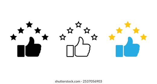 Customer product rating with five stars icon. Like, thumb up. Success, favourite, feedback, experience, quality, customer satisfaction. Happy Customer. Outline, flat and colour style. Flat design.