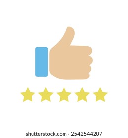 Customer product rating with five stars icon. Like, thumb up.