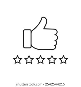 Customer product rating with five stars icon. Like, thumb up.