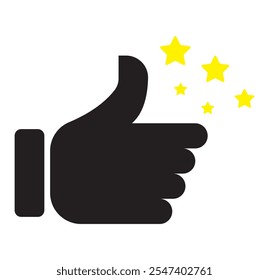 Customer product rating with five stars icon. Like, thumb up. Success, favorite, feedback, experience, quality, customer satisfaction. Outline, flat and color style. Flat design.