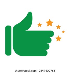 Customer product rating with five stars icon. Like, thumb up. Success, favorite, feedback, experience, quality, customer satisfaction. Outline, flat and color style. Flat design.
