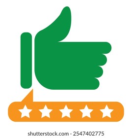 Customer product rating with five stars icon. Like, thumb up. Success, favorite, feedback, experience, quality, customer satisfaction. Outline, flat and color style. Flat design.
